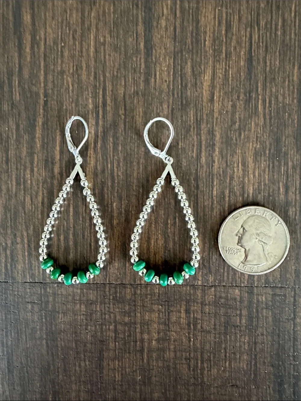 HAND CRAFTED GREEN APPLE TURQUOISE & SILVER TEARDROP HOOP EARRINGS